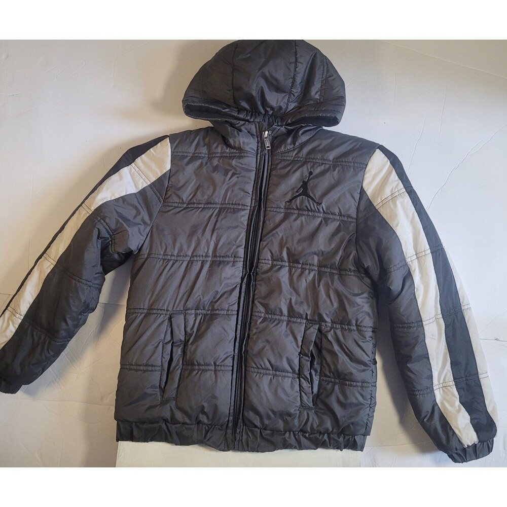Jordan Puffer Jacket Youth Medium 10–12 Gray with black White Sleeve Stripes